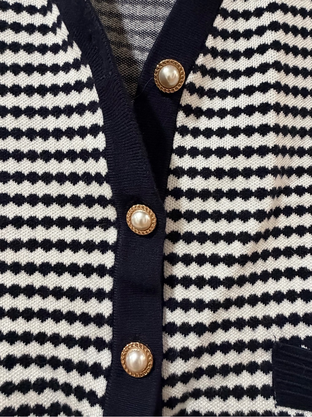 Adrianna Papell Navy and White Pearl-Button Knit Cardigan - Picture 2 of 4